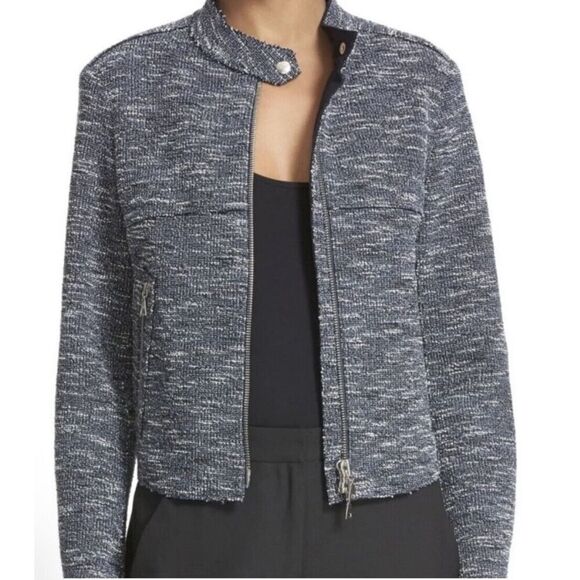THEORY Jacket Womens Medium Moto Jacket Blue Tweed Raw Hem Neutral Minimalist - Picture 1 of 16